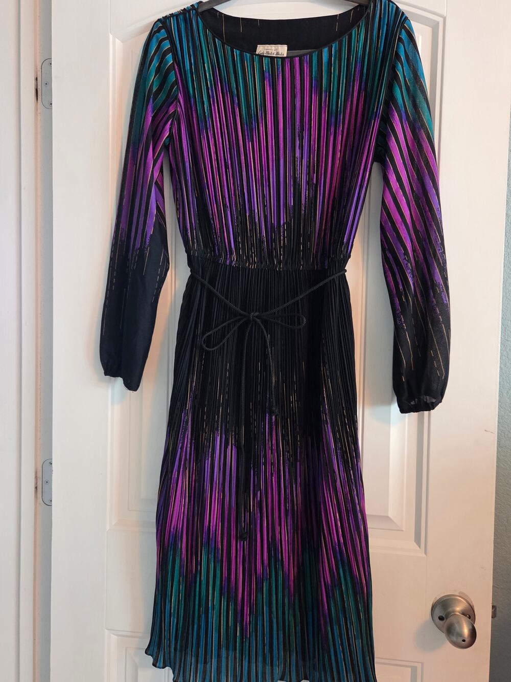 Vintage 70s Lady Match Mates Pleated Midi Dress Geometric Stripe Disco Boho S/M